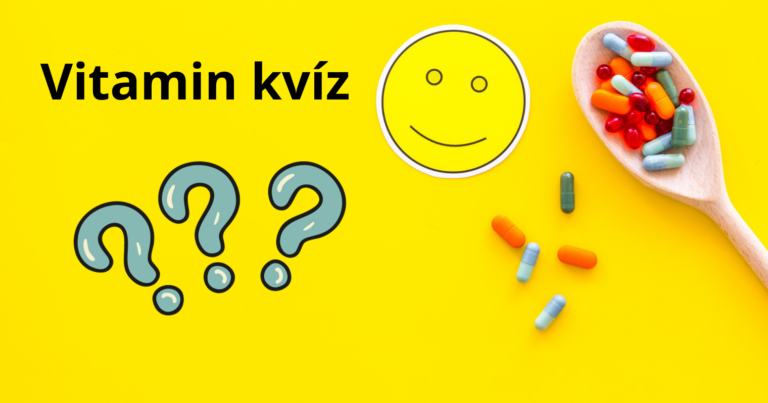 Sárga háttéren vitamin tabletták egy kanálban, vitamin kvíz felirattal.