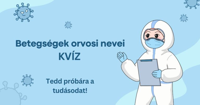 Kék háttéren egy orvosi védőruhába öltözött emberke grafikája, illetve bacilusoké, valamint a kvíz címének felirata.