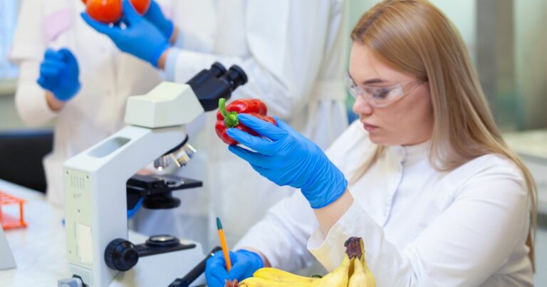 A képen az élelmiszer-ellenőrzési technikus vizsgálja a laboratíóriumban a zöldségeket és gyümölcsöket.
